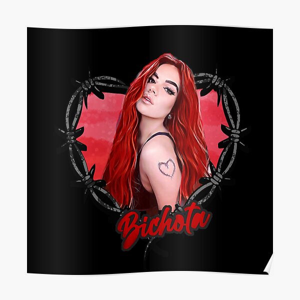 karol g bichota and heart tattoo, Karol G red Bare Wire Heart, Karol G Bichota , New look Karol G with Red Hair Illustration with Bichota Words on the background Poster RB2306 product Offical karol g Merch