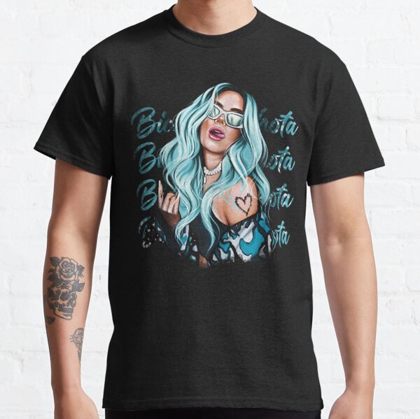 Karol G with Blue Hair Illustration with Bichota Words on the background   Classic T-Shirt RB2306 product Offical karol g Merch