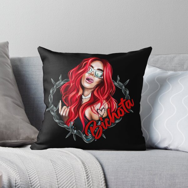 karol g bichota and heart tattoo, Karol G red Bare Wire Heart, Karol G Bichota , New look Karol G with Red Hair Illustration with Bichota Words on the background Throw Pillow RB2306 product Offical karol g Merch