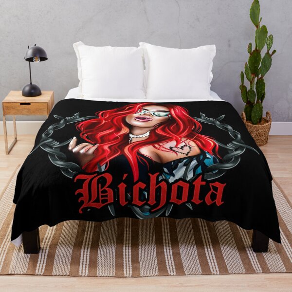 karol g bichota and heart tattoo, Karol G red Bare Wire Heart, Karol G Bichota , New look Karol G with Red Hair Illustration with Bichota Words on the background Throw Blanket RB2306 product Offical karol g Merch